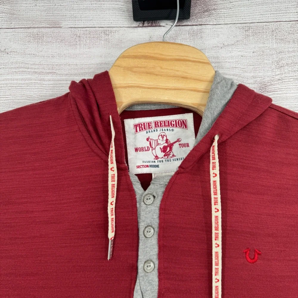 True Religion Hoodie‎ Pullover Henley Kangaroo Pocket Red Casual Size 3XL